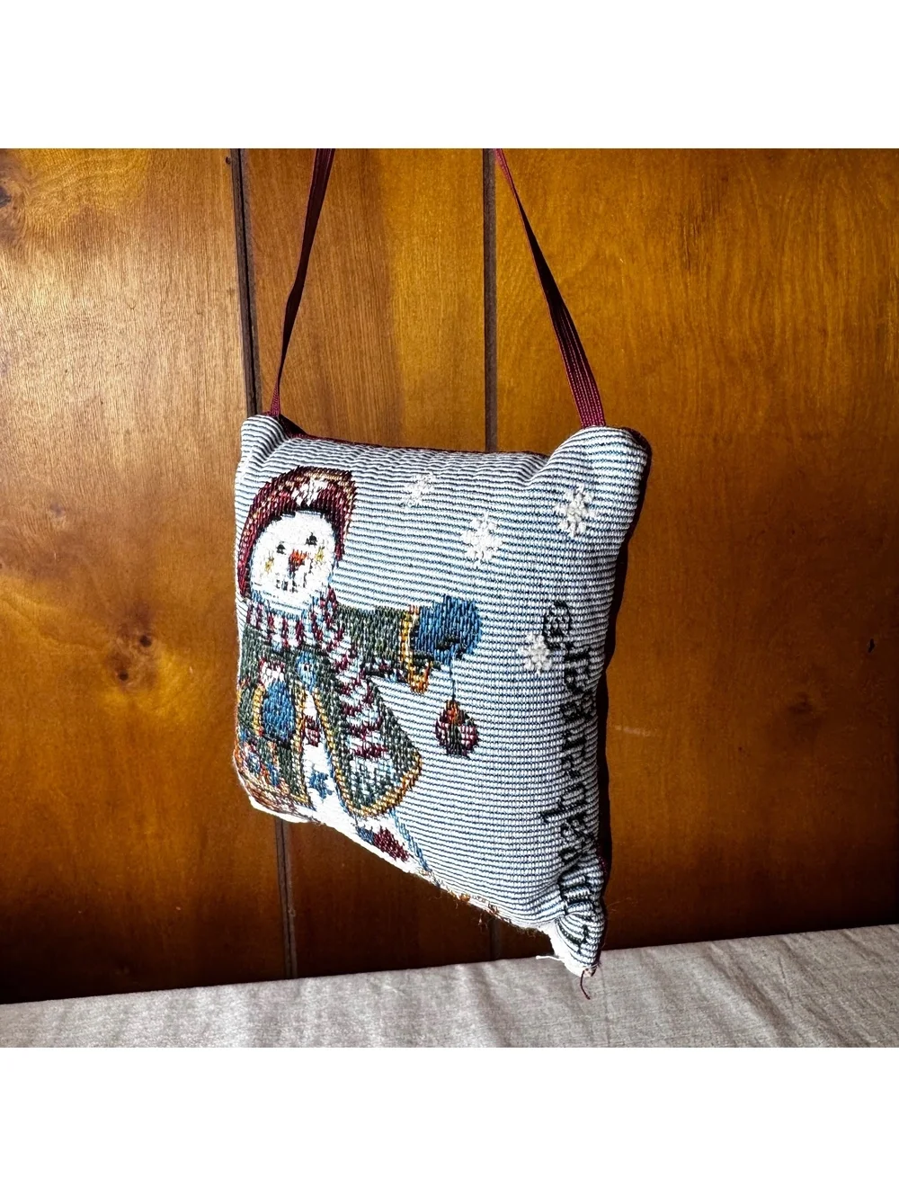 Vintage Longaberger Snowman Tapestry Hanging Pillow Ornament 6x6 Christmas Decor